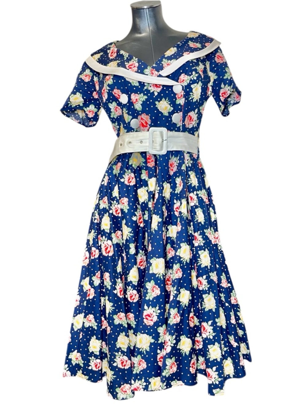 Hell Bunny Vixen Dress Blue Floral Polka Dot Sailor Collar Retro Pin Up Flare